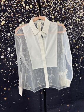 Commense Sheer White Panel Button-Down Blouse NWT